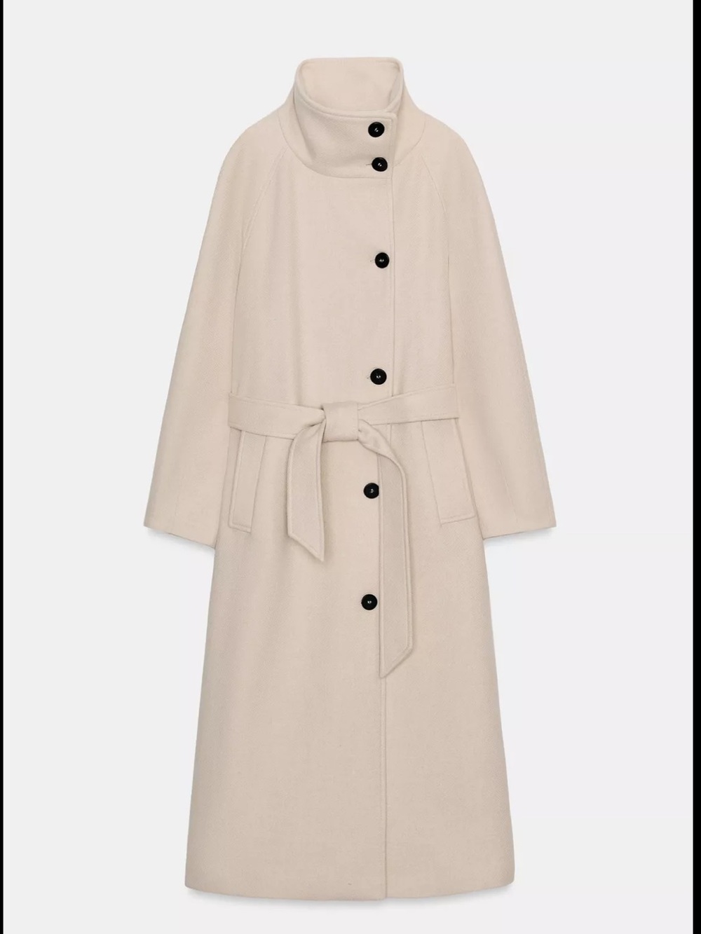 Zara Cream Long Belted Wool Coat with High Collar and Black Buttons - Picture 3 of 4